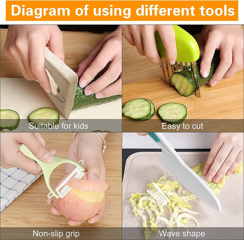 8 Pieces Wooden Kids Kitchen Knives Set for Real Cooking Include 4 Plastic Toddler Safe Knives/Crinkle Cutter/Kids Cutting Board/Y-Peeler/Resistant Gloves for Cutting Veggies Fruit Cake Salad Bread