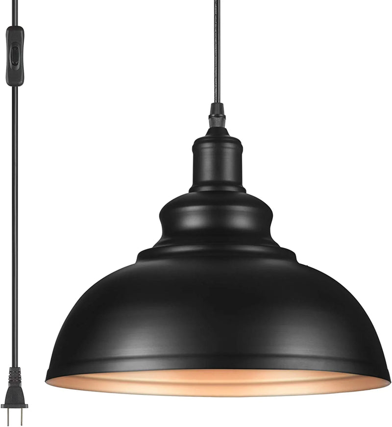 Yeleeino Indoor Pendant Lamp, Retro Black Finish E26 1-Light Ceiling Pendant Light Hanging Light Fixture Plug in Cord with On/Off Switch
