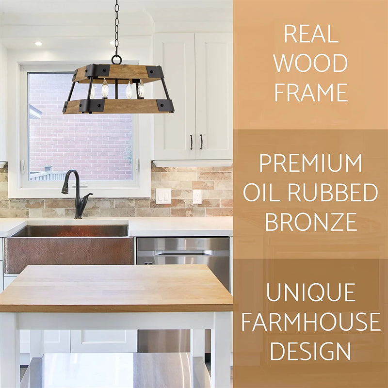Kira Home Griffin 16" 4-Light Farmhouse Pendant Light + Wood Panel Frame, Oil Rubbed Bronze + Russet Oak Style Finish