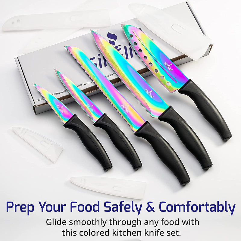 Titanium Coated Rainbow Knife Set - Sharp Stainless Steel Knives Set with Kitchen Utility Knife, Santoku, Bread, Chef, & Paring Knives with Covers - Iridescent Kitchen Accessories - Silislick