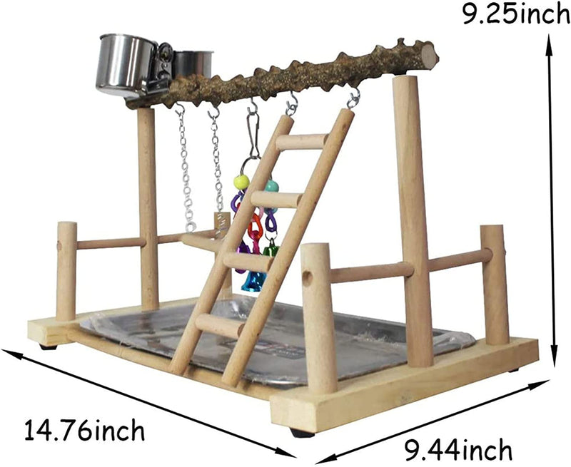 Kathson Parrots Playground Bird Perch Wood Playstand Stand with Ladder Swing Feeder Cups Chew Toy for Parakeet Conure Cockatiel Budgie Lovebird Finch Small Birds