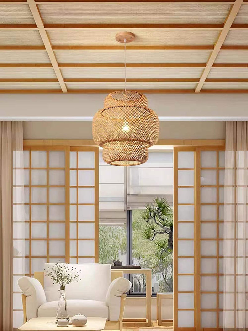 DANGGEOI Hand-Woven Bamboo Pendant Light, Rattan Handwoven Pendant Lamp, Natural Chandeliers Domed Shape Woven Light 1 Light Hanging Light for Kitchen Farmhouse Beige (14.96 X 15.71Inch)