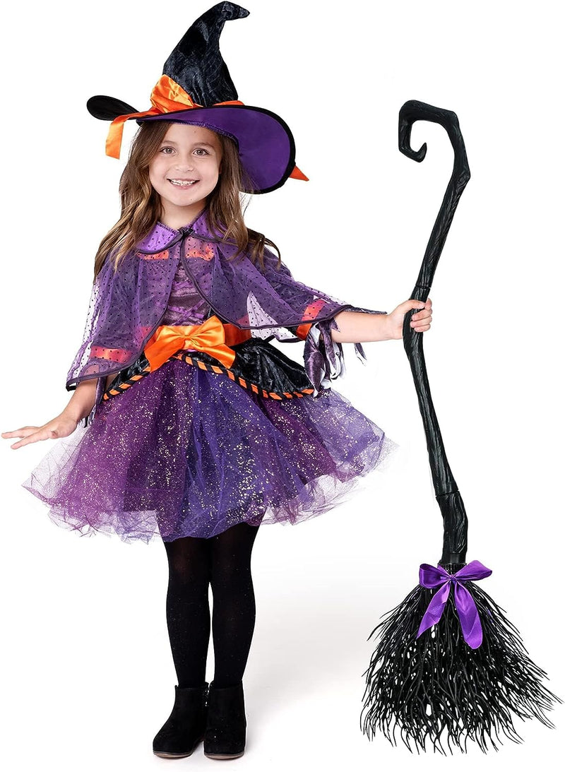 Spooktacular Creations Child Girl Orange Purple Witch Costume with Broom for Girls Halloween Dress up (Toddler (3-4Yr))