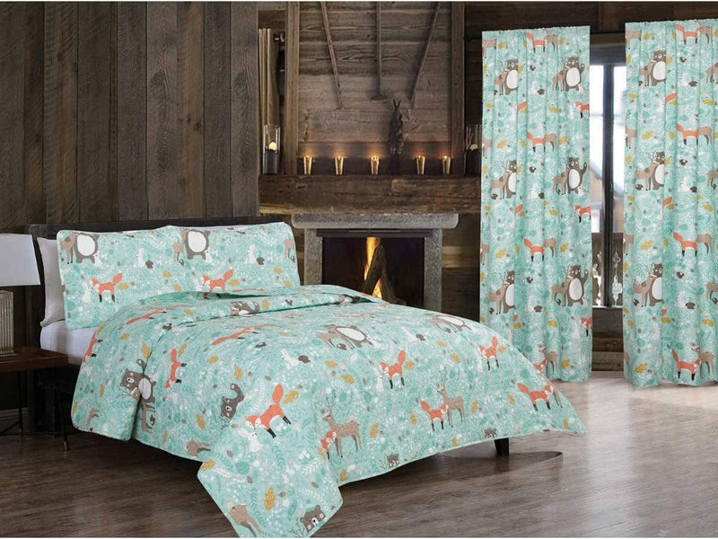 84-In. Woodland Creatures Window Curtains 2-Panel Pair with Rod Pocket Header for Kids Room Bear Fox Deer Teal Green Brown