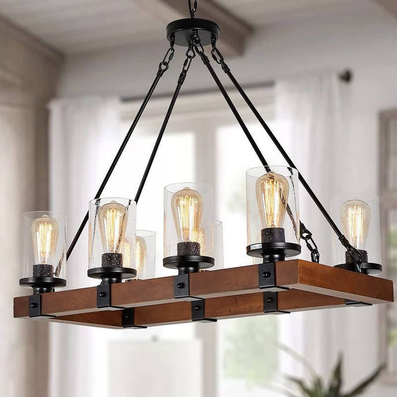 8-Light Farmhouse Chandeliers Rectangle Wood Chandelier Lighting for Dining Room Rustic Chandelier Light with Seeded Glass Shade Pendant Hanging Light Fixtures for Kitchen Island Foyer Hallway Bar