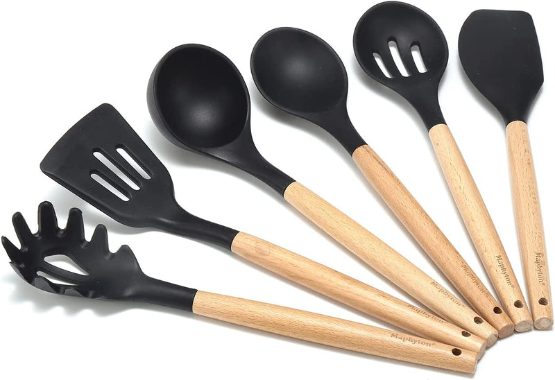 Maphyton Silicone Kitchen Cooking Utensils Set, 6 Pcs Non-Stick Kitchen Utensils Set Spatula Set with Wooden Handle Heat-Resistent Silicone Cookware Kitchen Gadgets (Grey)