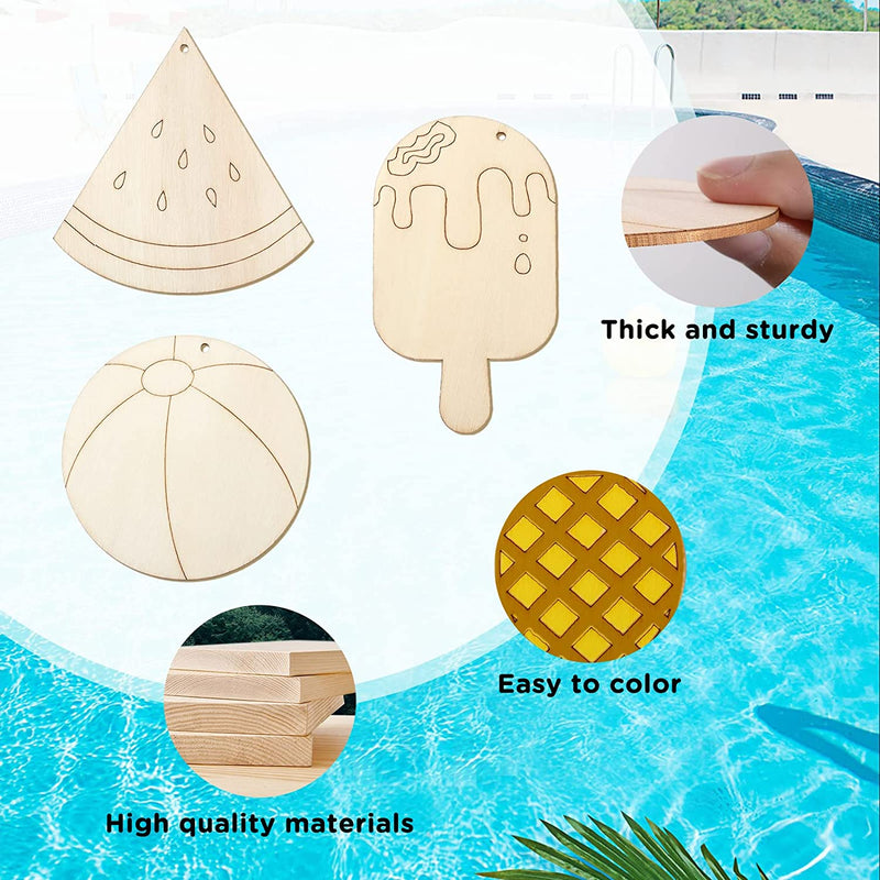 36 Pieces Summer Wood Hanging Ornaments Beach Wooden Slices with String Holiday Hawaiian Party Decorations Tropical Painted Themed Luau Party Supplies