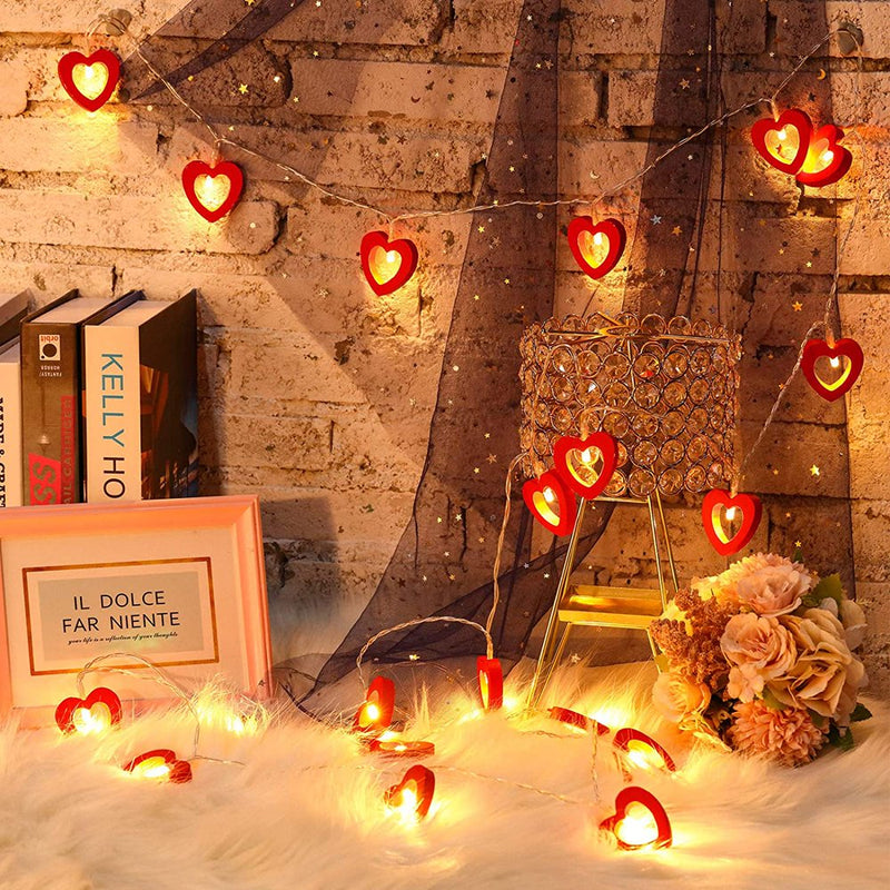 LONGRV Valentine'S Day Red Heart Wooden String Lights - 9.85 Feet 20 LED Mini Fairy Lights Battery Operated with 2 Modes for Outdoor Indoor Bedroom Patio Wedding Decoration