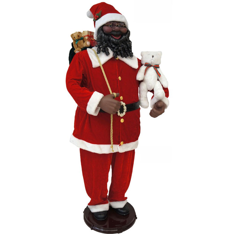 Fraser Hill Farm 58-In. African American Dancing Santa with Toy Sack and Teddy Bear | Indoor Animated Home Holiday Decor | Dancing Christmas Decorations | FSC058-2RD6-AA