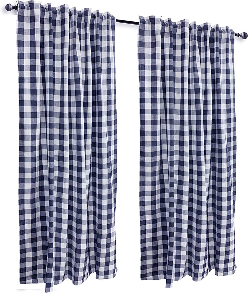 Gingham Check Window Curtain Panel, 100% Cotton, Navy/White, Cotton Curtains, 2 Panels Curtain, Tab Top Curtains, 50X96 Inches, Set of 2
