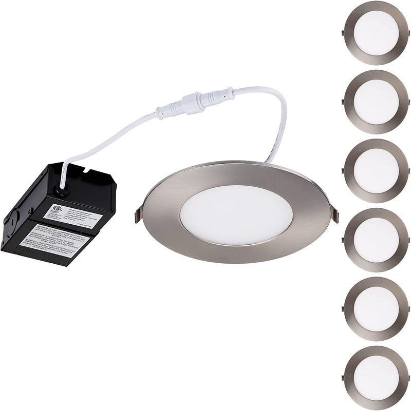 TORCHSTAR 6 Inch LED Recessed Lighting with J-Box E-Lite Series, Slim Panel Downlight Dimmable, 13.5W CRI90+, Satin Nickel, 5000K Daylight, ETL & Energy Star Listed, Pack of 6