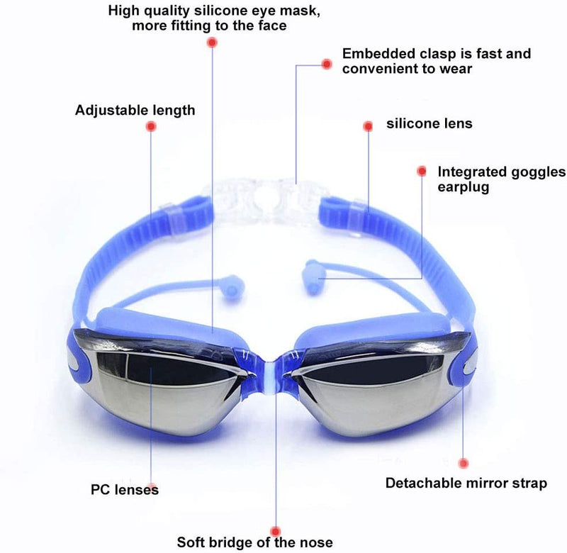 Windproof Anti-Fog Swim Goggle for Adult Unisex Youth Kids Child Waterproof Swimming Glasses Goggles Eyewear with Earplug Plating Blue