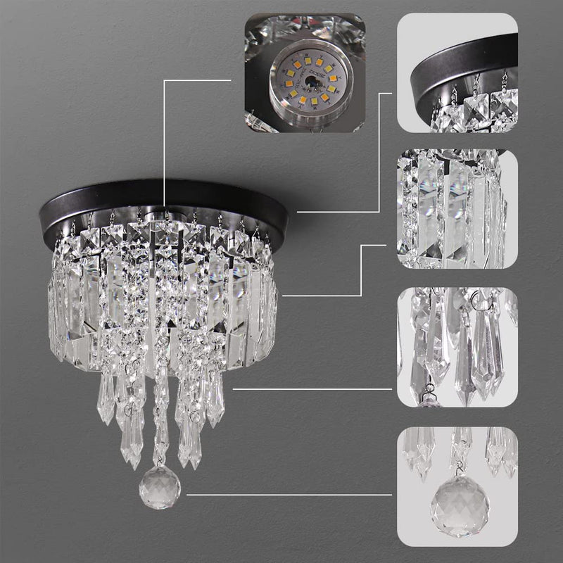 Modern Mini Crystal Chandelier LED Ceiling Lamp 4-Lights Flush Mount Pendant Light Fixture for Bedroom Hallway Kitchen Staircase (Black, Cold White)