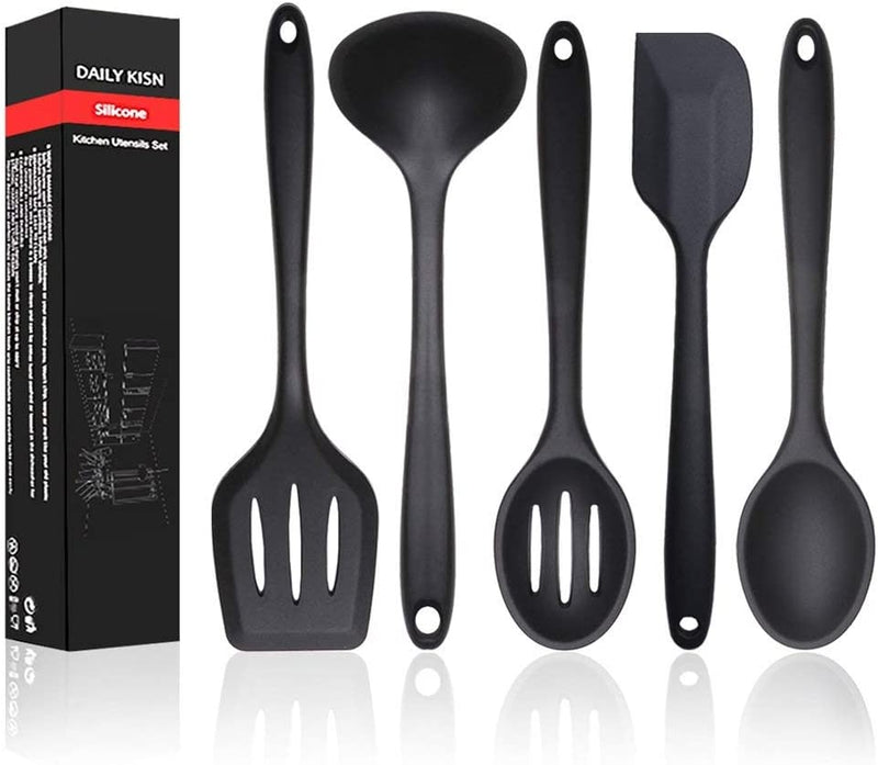 Silicone Kitchen Utensils Set, 5 Pieces Heat Resistant Non Stick Cooking Tools - Flexible Silicone Spatula/Turner/Serving Spoon/Soup Ladle/Slotted Spoon