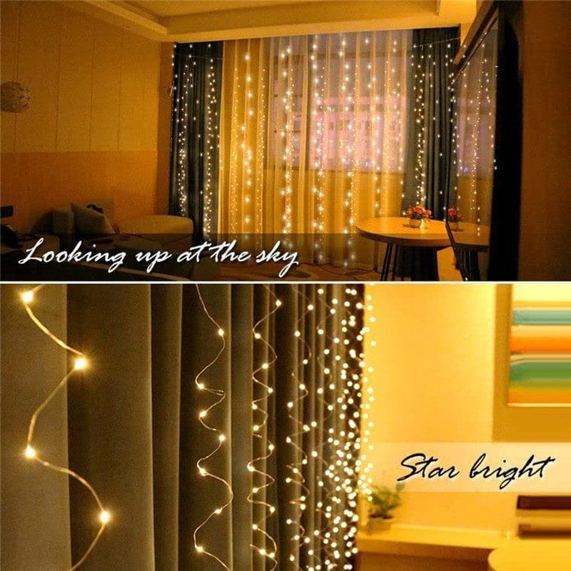 9.8Ft Fairy Curtain Lights Window String Lights 300 LED Twinkle Firefly Stars with 8 Light Modes Remote Control and USB Adapter for Bedroom, Weddings, Party, Indoor,Outdoor Decoration, Warm White