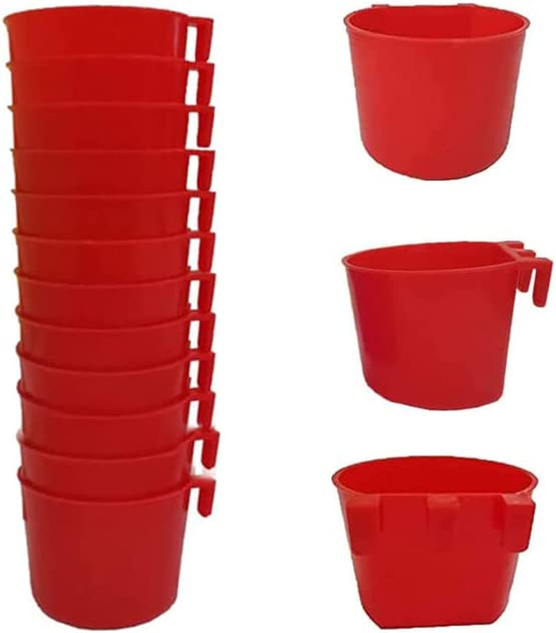 12Pcs Bird Feeder Cage Cups Hanging Chicken Water Cups Pet Bowl with Hooks Rabbit Food Dish for Cages Plastic Feeding & Watering Supplies for Pigeon Poultry Roosters Gamefowl Parakeet (12Pcs-Red)