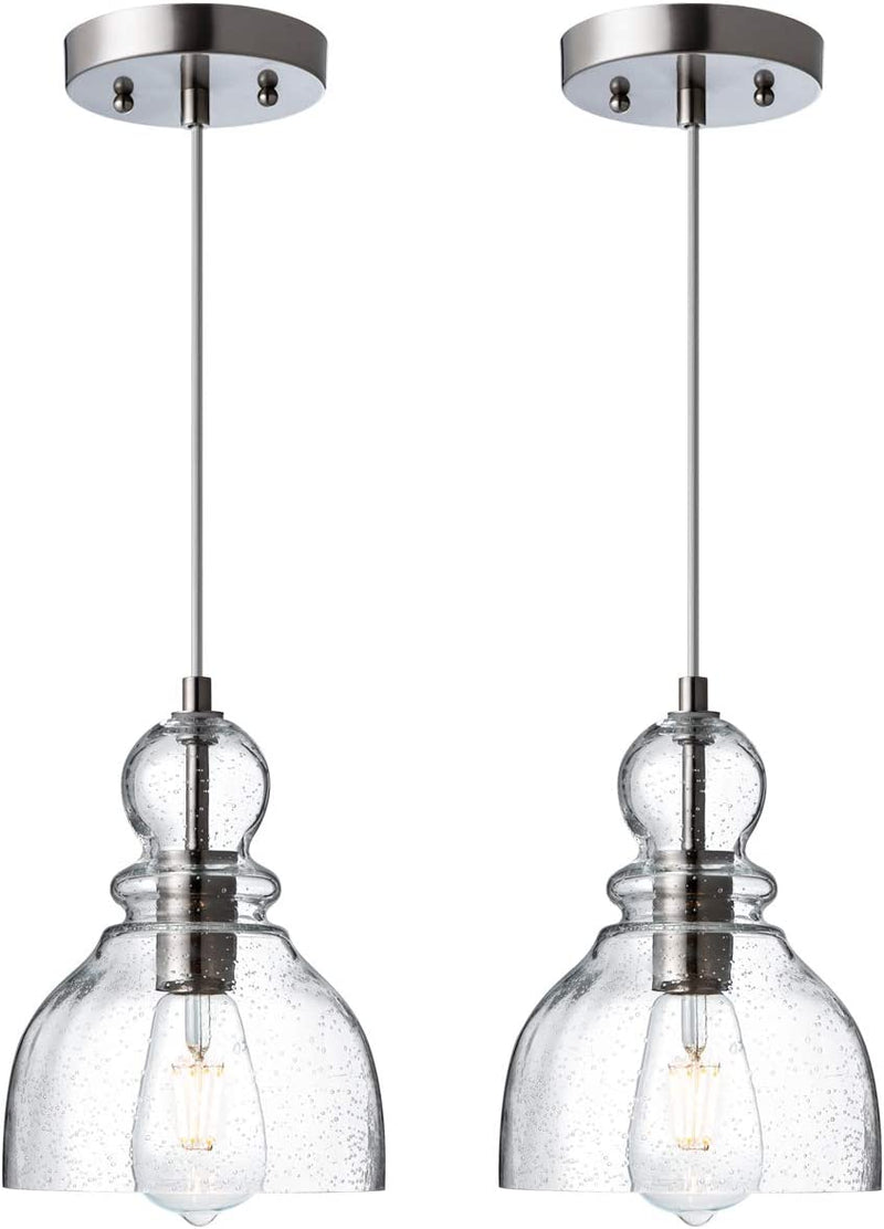 LANROS Farmhouse Kitchen Pendant Lighting with Handblown Clear Seeded Glass Shade, Adjustable Cord Mini Ceiling Light Fixture for Kitchen Island Sink, Brushed Nickle Finish, 7Inch, 2 Pack