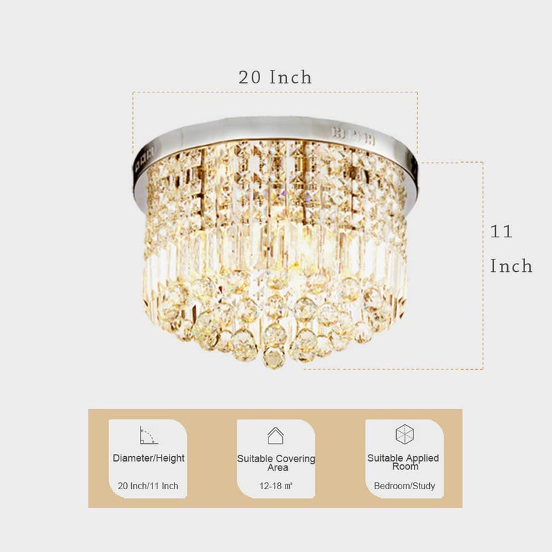 SEFINN FOUR Flush Mounted round Ceiling Chandelier, Dimmable Temperature,11 In. Height and 20 In. Diameter, K9 Crystal Raindrop Light for Bed Room, Living Room, Bathroom, Silver