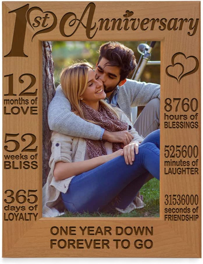 KATE POSH - Our 1St Anniversary Picture Frame - 12 Months Engraved Natural Wood Photo Frame - First (1St), Paper, 1 Year as Husband and Wife (5X7-Vertical)