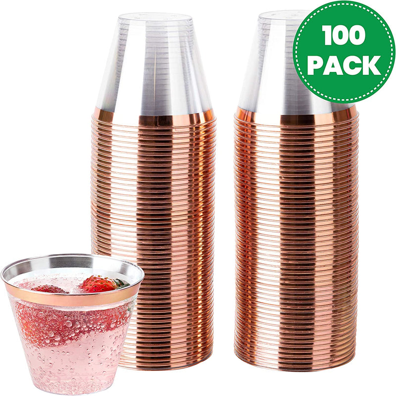 Plasticpro 9 Oz Disposable Plastic Party Cups,Old Fashioned Designed Tumblers, Crystal Clear (Clear with Rose Gold Rim, 100)