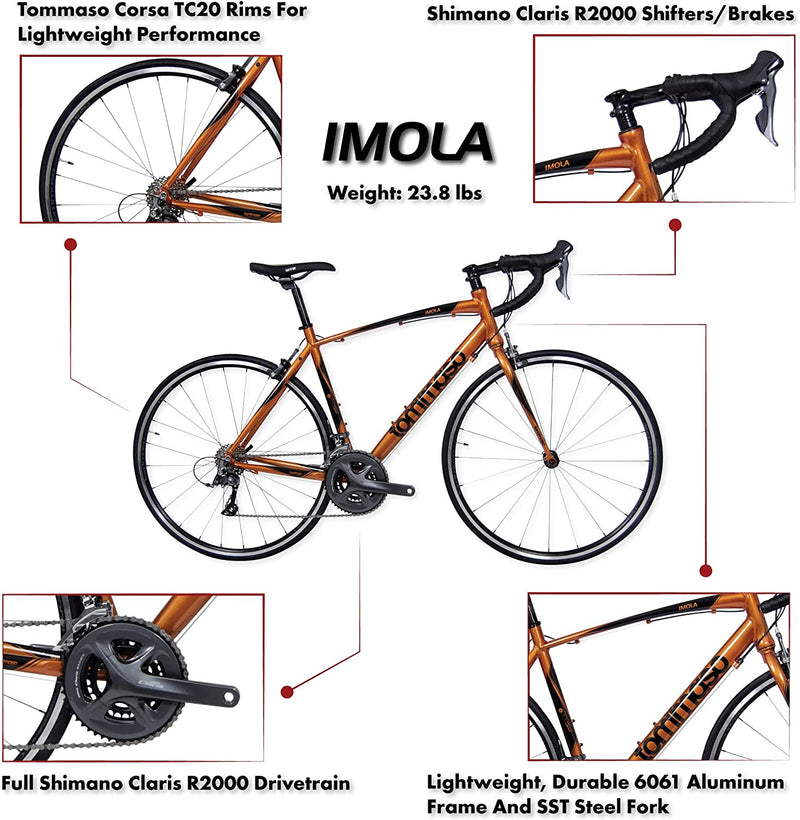 Tommaso Imola Endurance Aluminum Road Bike, Shimano Claris R2000, 24 Speeds, Black, White, Burnt Orange