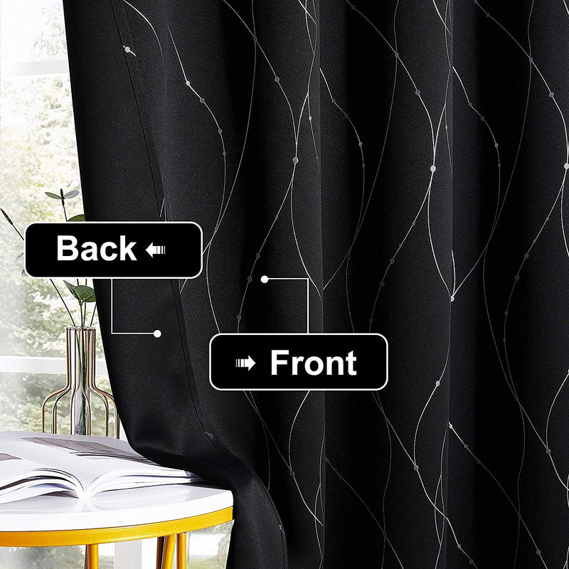 Stangh Set of 2 Printed Blackout Thermal Insulated Curtains for Kitchen, Grommet Foil Print Window Drapes with Silver Wave Line and Dots Design for Cafe Home Office, W52 X L45 Inch, Black, 2 Pieces