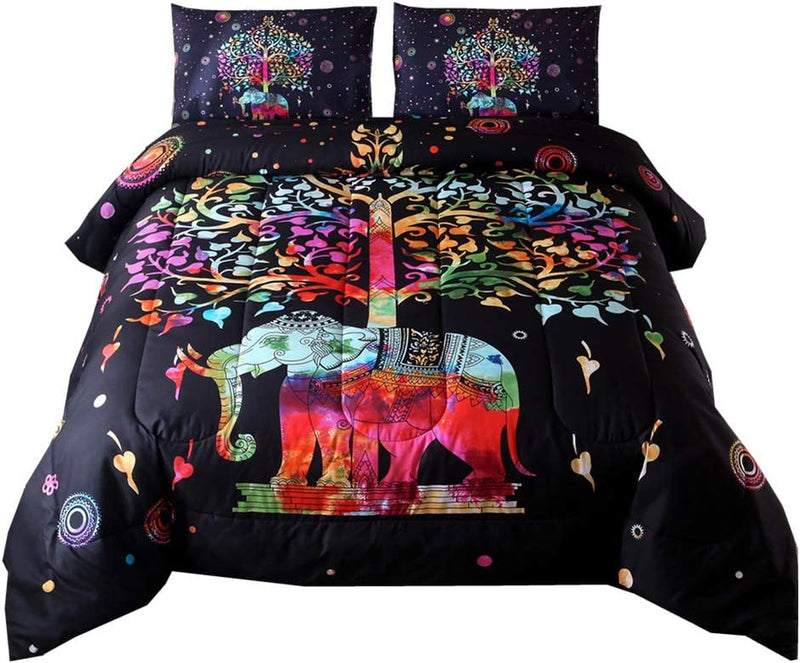 NTBED Bohemian Comforter Sets Queen 3-Piece Mandala Exotic Multi Elephant Pattern with Tree Boho Quilt Bedding Sets (Red, Queen)