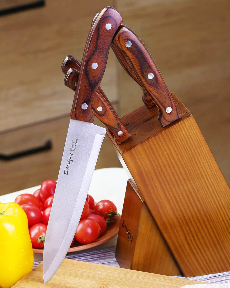 Kitchen Knife Set,Knife Set for Kitchen with Block 6 Pcs High Carbon Stainless Steel Wooden Handle Knife Block Set without Steak Knives