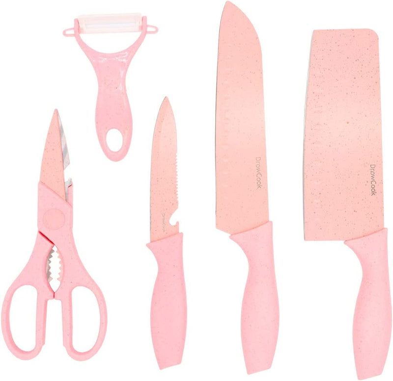 Kitchen Knife Set Pink - 5 Piece Cooking Knives, Non-Stick and Sharp Chef Knife Sets for Kitchen Cutting Meat, Scissors and Ceramic Peeler for Slicing, Paring Fruits and Vegetables