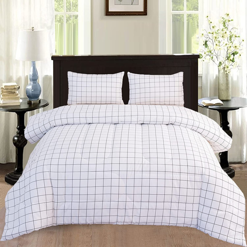 PERFEMET White Grid Queen Comforter Set Geometric Checkered Plaid Bedding Sets Farmhouse Rustic Bed Quilt Set for Teens Boys Girls (Black and White, Queen Size)