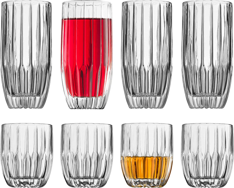 Godinger Drinking Glasses Set, Highball Drinking Glasses and Whiskey Glasses, 8Pc Barware Set, Tall Glass Cups, Water Glasses, Cocktail Glasses - 4 Highballs (12Oz) and 4 Whiskey Glasses (10Oz)