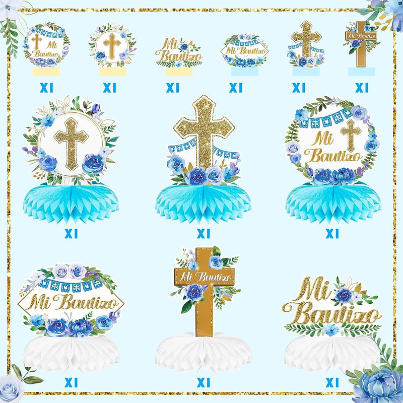 12Pcs Floral Mi Bautizo Cross Baptism Party Table Centerpiece Sage Blue Gold Baptism Religious Party Decor God Bless Christening Confirmation Party Photo Props for Girls Boys Baby Shower