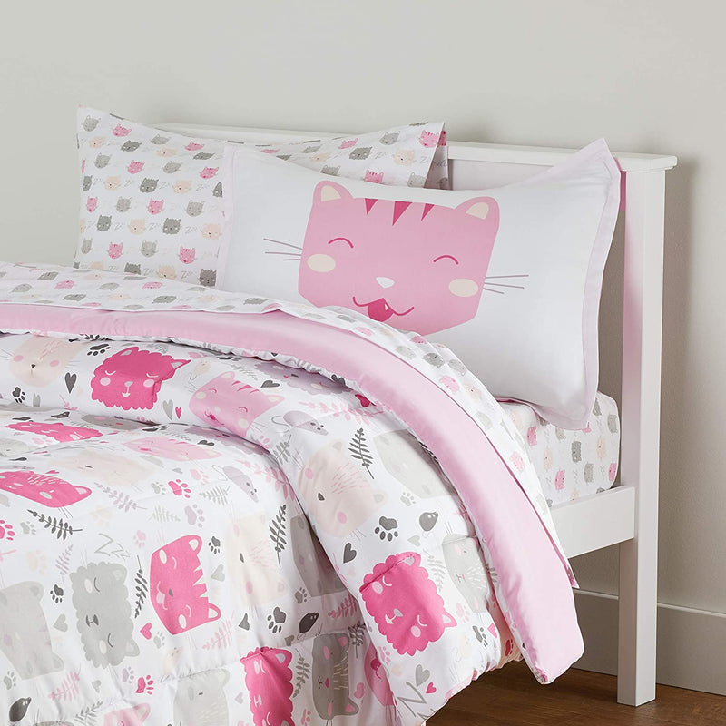 Kids Bed-In-A-Bag Microfiber Bedding Set, Easy Care, Twin, Pink Kitties - Set of 5 Pieces