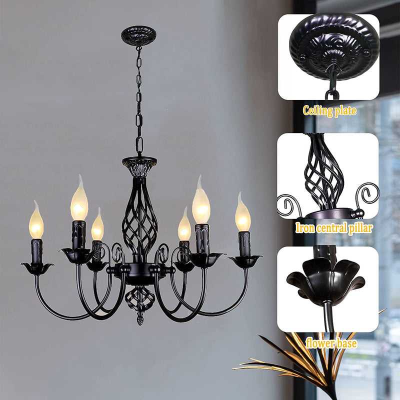 Krissake Black Farmhouse Chandeliers 6 Arm Rustic French Country Chandelier Vintage Candle Pendant Light Fixture for Dining Room Kitchen Island Bedroom, Living Room Retro Style Lighting, E14…