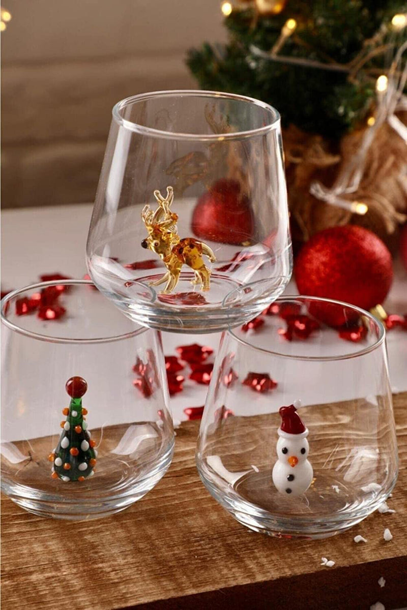 Set of 6 Christmas Stemless Wine Glass,17 Oz Merry Christmas Santa Snowman Elk Wine Glass, Christmas New Year Holiday Gifts for Men Women Friends Family