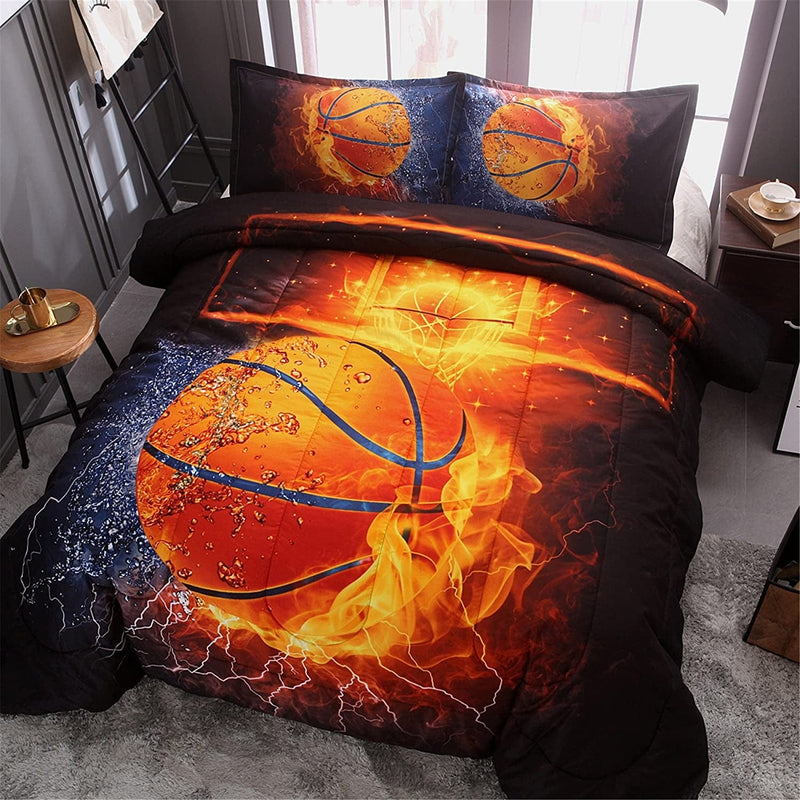 A Nice Night Basketball Print,With Fire and Ice Pattern, Comforter Quilt Set Bedding Sets, for Boys Kids Teen (Basketball, Full)