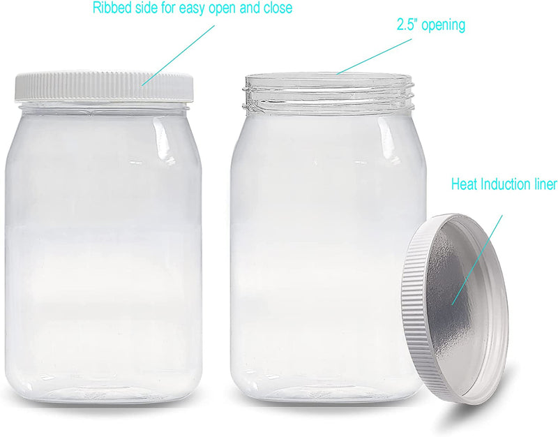 Ljdeals 16 Oz Clear Plastic Jars with Lids, Storage Containers, Wide Mouth PET Mason Jars, Pack of 6, BPA Free, Food Safe, Made in USA