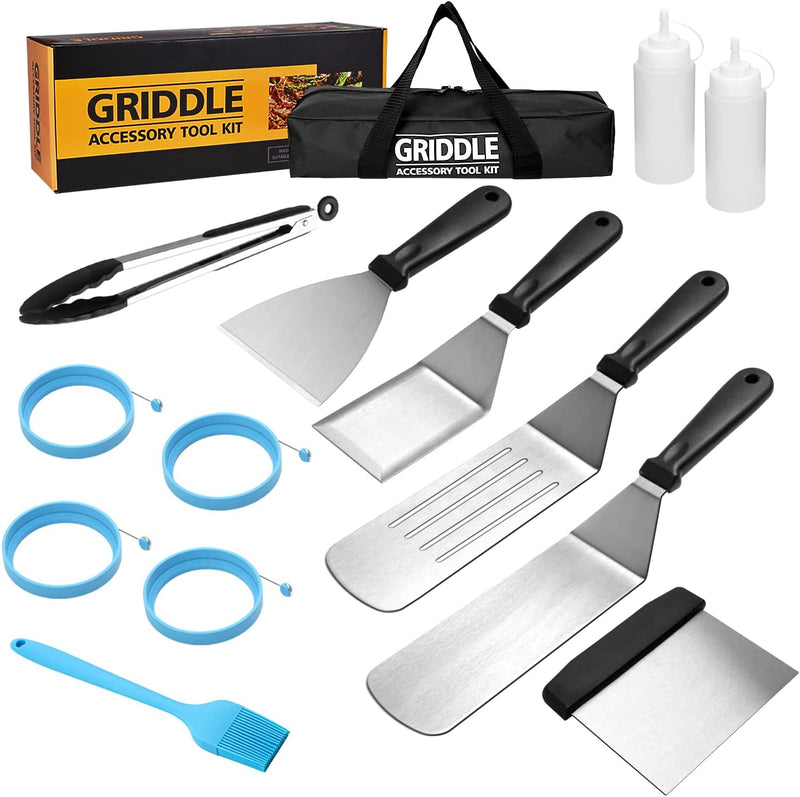 Flat Top Griddle Accessories Set for Blackstone and Camp Chef, Professional Grill Spatula Set with Burger Spatulas Scraper, BBQ Tool Griddle Utensils Kit for Men Outdoor Flattop Grills Cooking (Black)