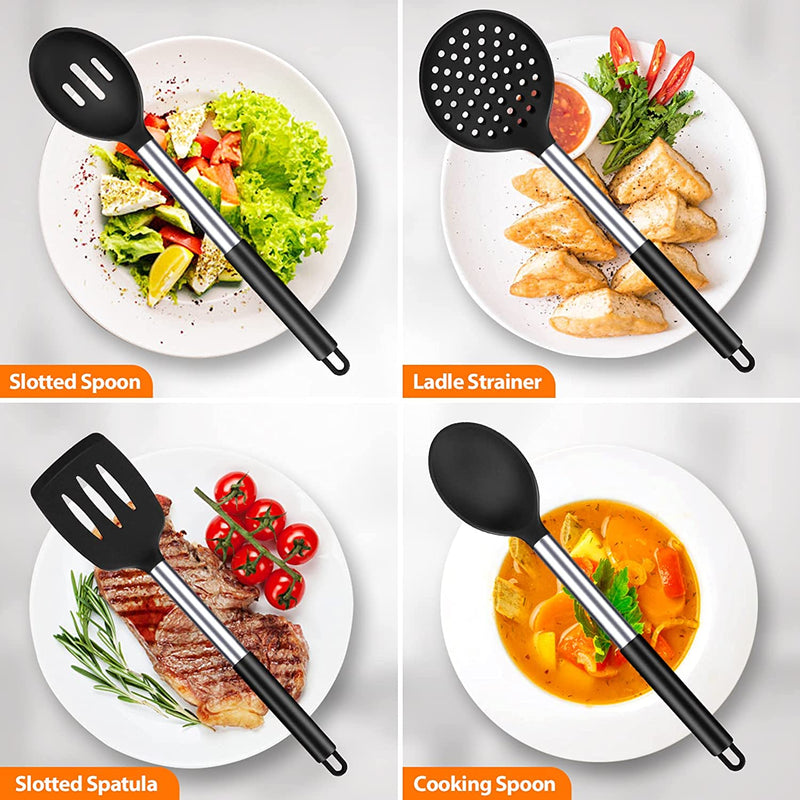 Silicone Cooking Utensil Set, 8Pcs Non-Stick Cookware with Stainless Steel Handle, BPA Free Heat Resistant Kitchen Tools with Spatulas, Turners, Spoons, Skimmer and Pasta Fork
