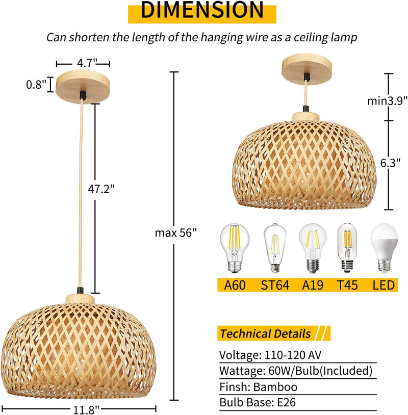 Frideko Hand-Woven Bamboo Pendant Light Natural Wicker Rattan Hanging Light Fixture Basket Lampshade Pendant Lamp Wicker Chandeliers for Kitchen Island Farmhouse Living Room Dining Room(Bulb Included)
