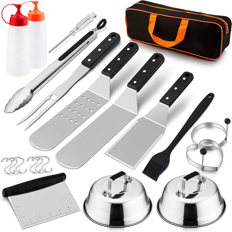 Griddle Accessories Kit of 22, Hasteel Heavy Duty Metal Spatula Set with Melting Domes, Stainless Steel Griddle Tools for Flat Top Teppanyaki Camping Cooking Indoor & Outdoor, Dishwasher Safe & Hooks