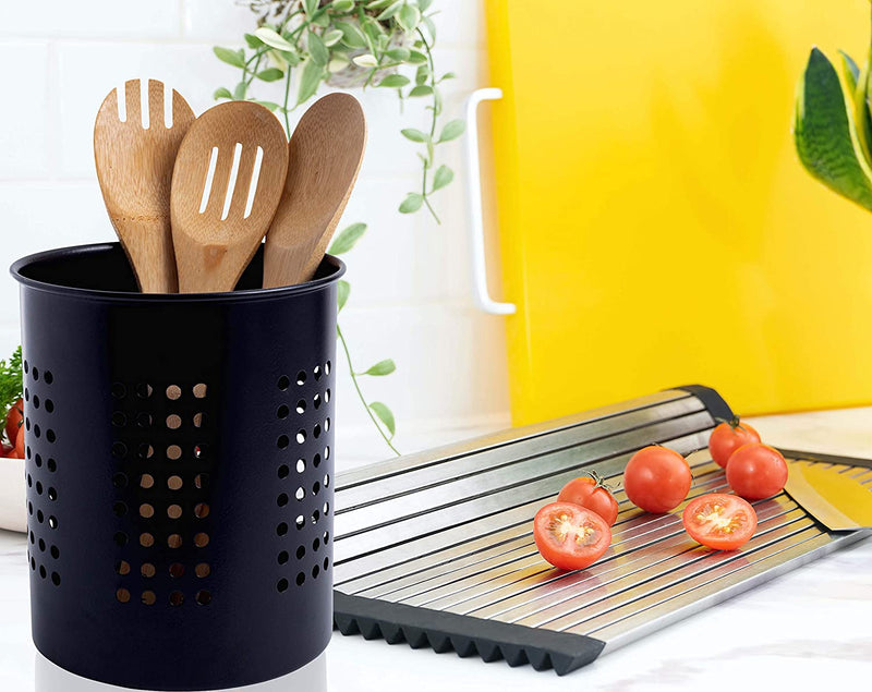 Palais Essentials Stainless Steel Kitchen Utensil Holder - Crock Organizer Caddy - Great for Large Cooking Tools (6.3" Diameter X 7"H, Black with Holes Design)