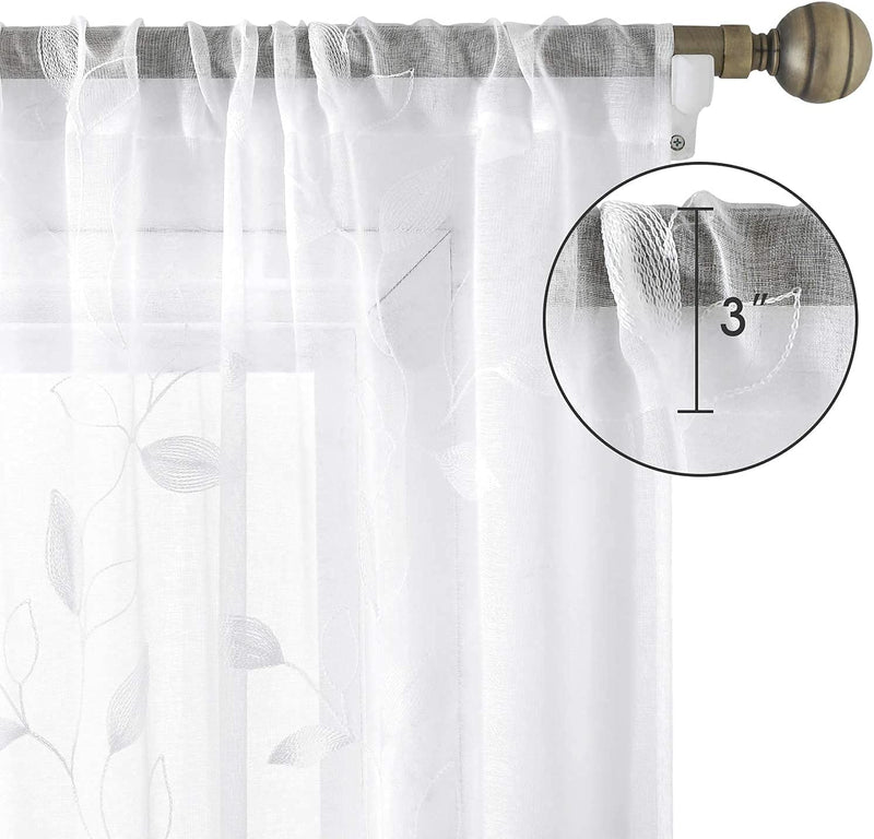 HOMEIDEAS White Sheer Curtains 52 X 63 Inches Length 2 Panels Embroidered Leaf Pattern Pocket Faux Linen Floral Semi Sheer Voile Window Curtains/Drapes for Bedroom Living Room
