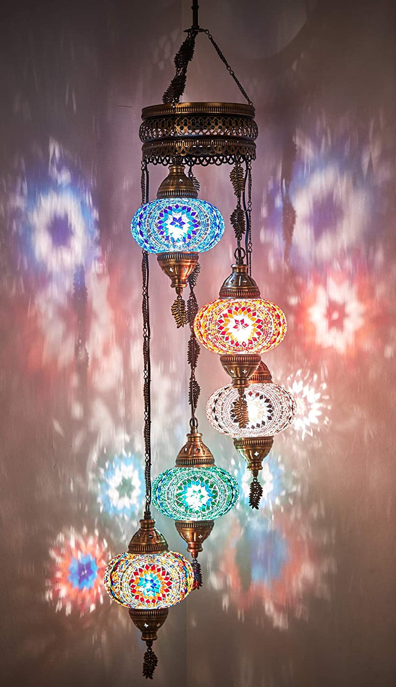 DEMMEX Turkish Moroccan Mosaic Hardwired or Swag Plug in Chandelier Light Ceiling Hanging Lamp Pendant Fixture, 5 Big Globes (5 X 7 Globes Swag)