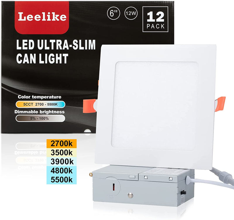 Leelike 12 Pack 6 Inch 12W Dimmable Square LED Can Light Retrofit with Junction Box, 960Lm/Cri85 Ultra Thin LED Downlight 5CCT 2700K-5500K Adjustable with a Simple Switch IC Rated,Etl Certified