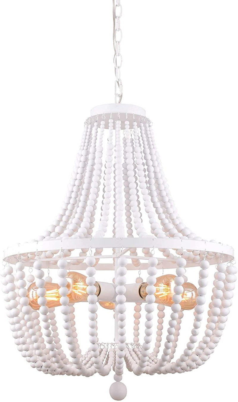 ALICE HOUSE 21" Wood Bead Chandeliers, Rustic White Finish, 5 Light Wood Beaded Pendant Light for Dining Room, Kitchen, Living Room, Entryway and Bedroom AL9031-P5
