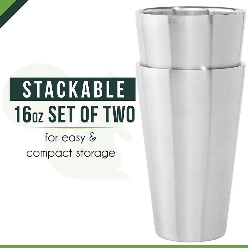 Stainless Steel Cups Double Wall Tumbler Glasses 16 Oz - Premium Pint Cups - Set of 2 - Stackable Shatterproof - Dishwasher Safe for Home, Camping, RV - BPA Free