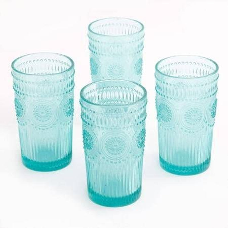 Set of 4, Dishwasher Safe, 16-Ounce Emboss Glass Tumblers, Turquoise