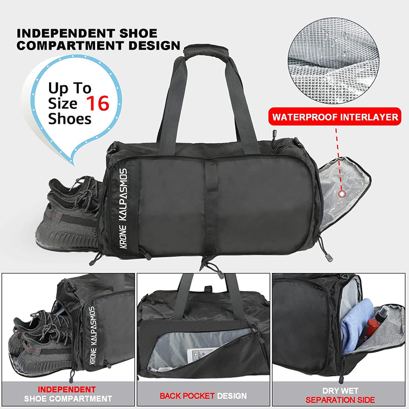 Gym Duffel Bag for Men Women, Foldable Men Duffel Bags Sports Bag with Shoe Compartment, Wet Pocket Waterproof 45L Travel Duffel Bag, Black