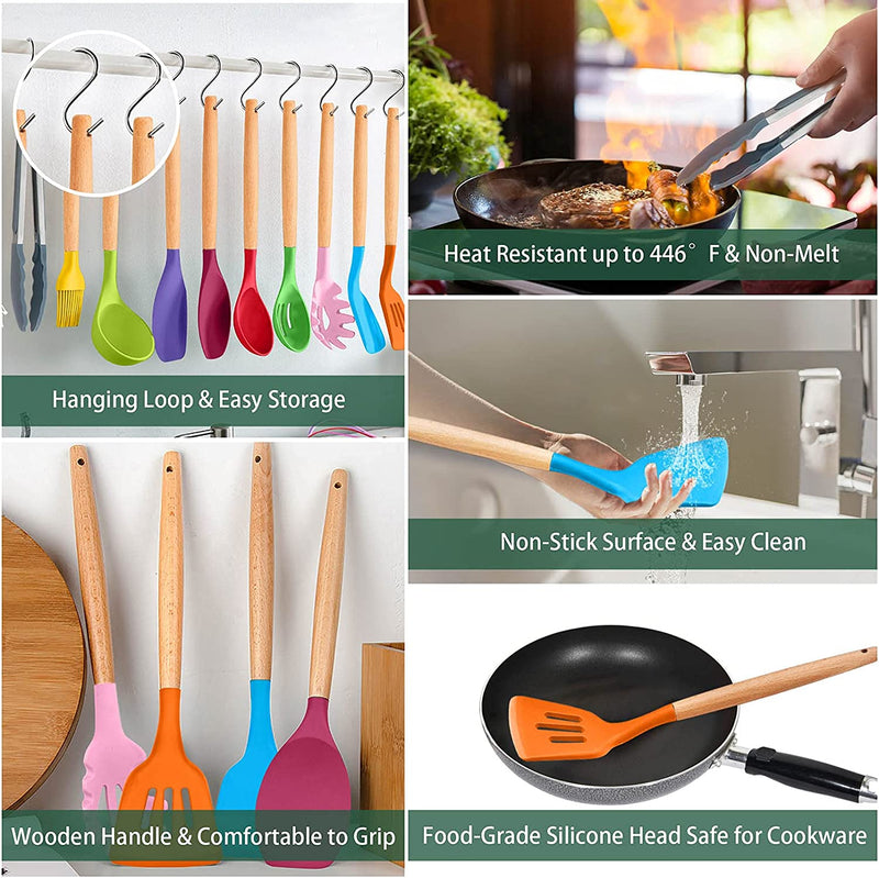 Teamfar 24PCS Cooking Utensil Set with Holder, Silicone Kitchen Cookware Tools with Wooden Handle, Spatula Spoon Turner, Non-Toxic & Non-Stick, Heat-Resistant & Dishwasher Safe, Colorful